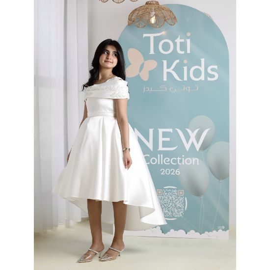 صورة فستان بناتي أبيض أوف شولدر | فستان هاي لو للأفراح - M3750